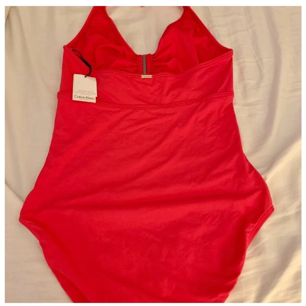 Calvin Klein Atomic PINK halter shirred slimming swimsuit size 14 NWT! MSRP $118 - Picture 7 of 11